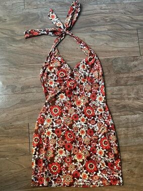 Floral Halter dress in orange and Brown